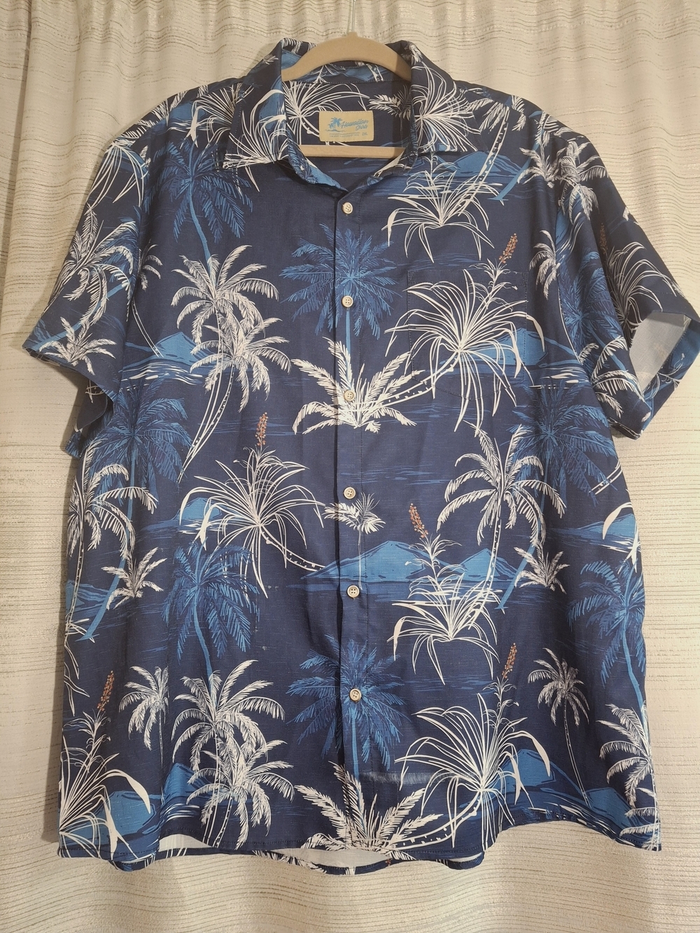Hawaiian Shirts 2XL Men's Blue Palm-Print Short Sleeve Button-Down Shirt